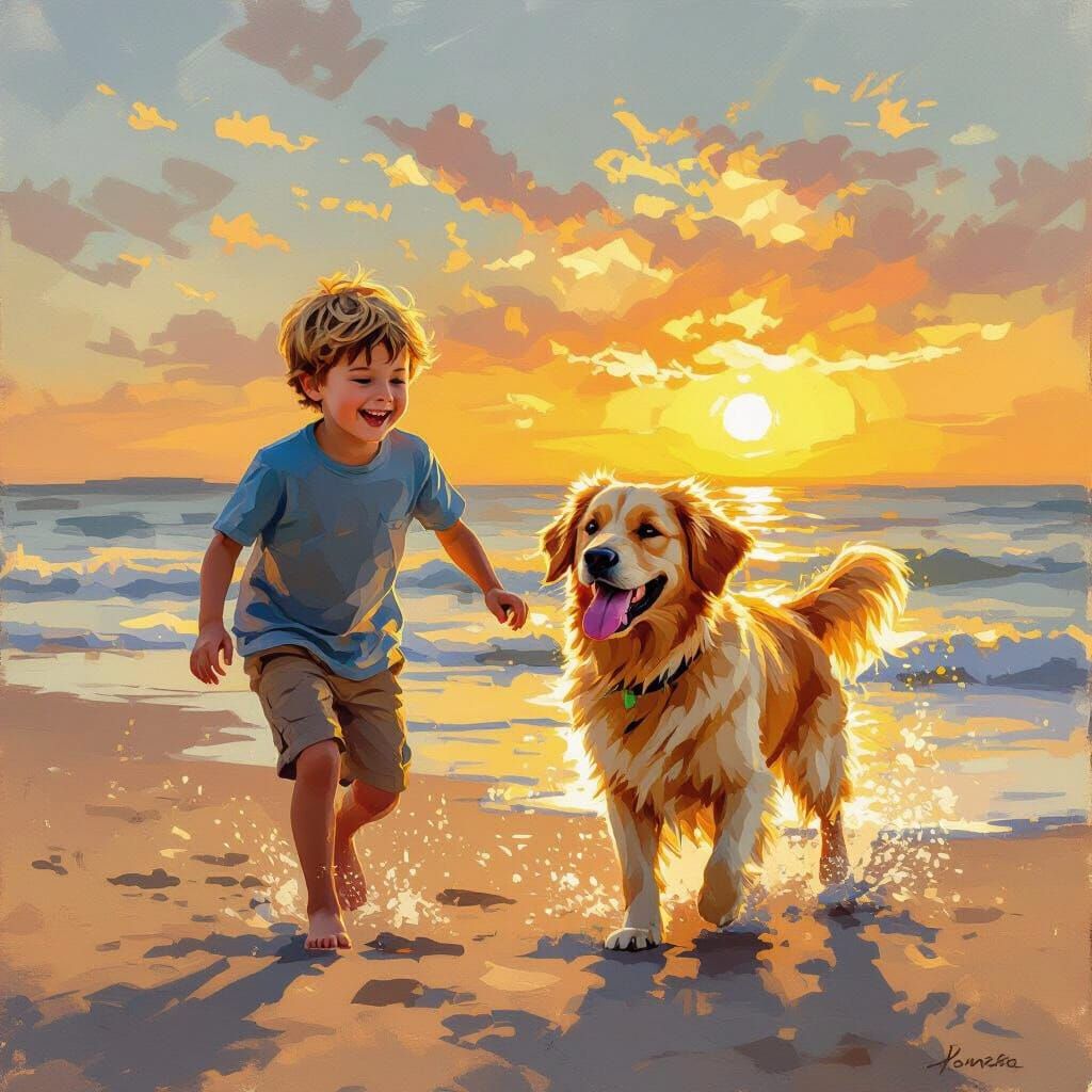 Boy and Golden Retriever Play Fetch on Beach at Sunset
