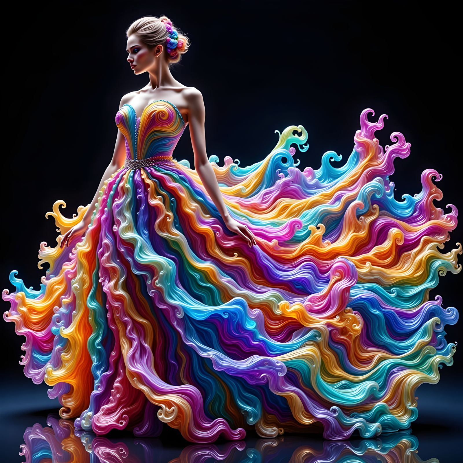 Ethereal Woman in Billowing Liquid Sheen Gown