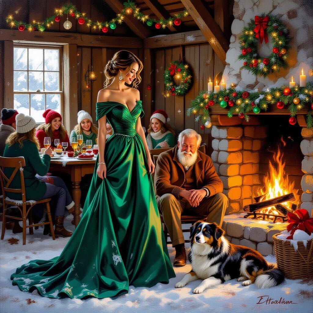 Joyful Winter Barn Scene with Elegant Woman and Kind Elder