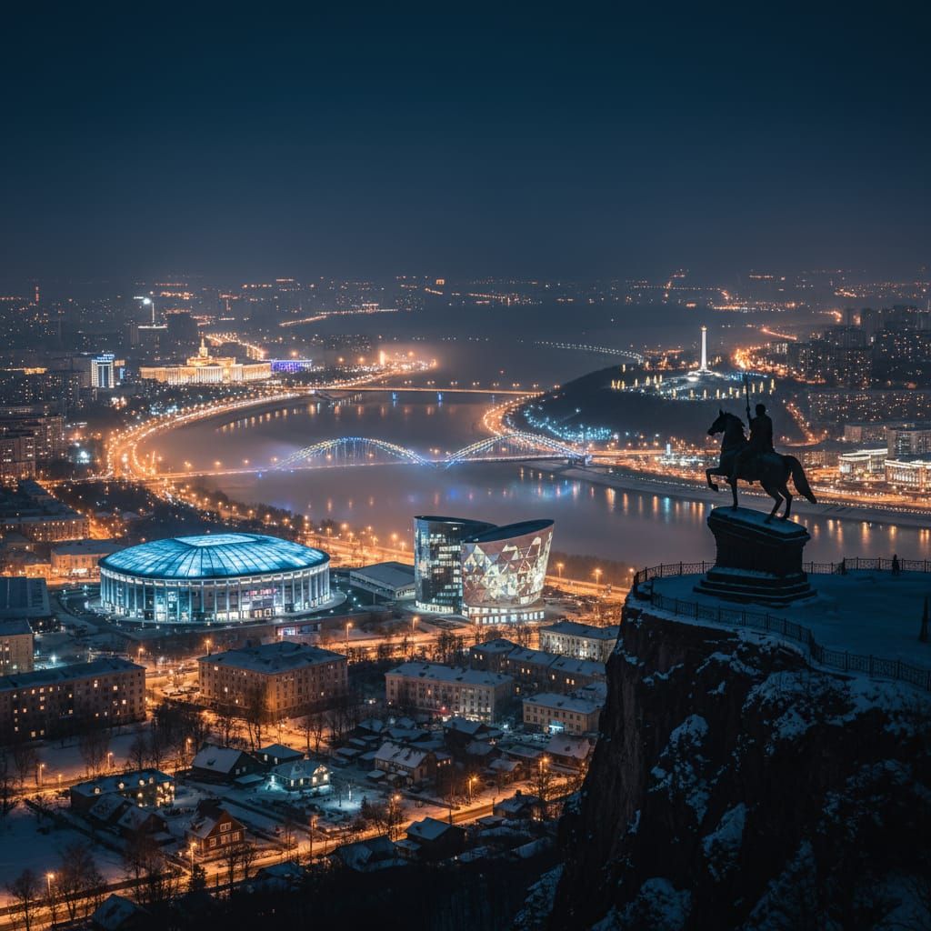 Ufa Nightscape: Salavat Yulaev Monument & City Lights