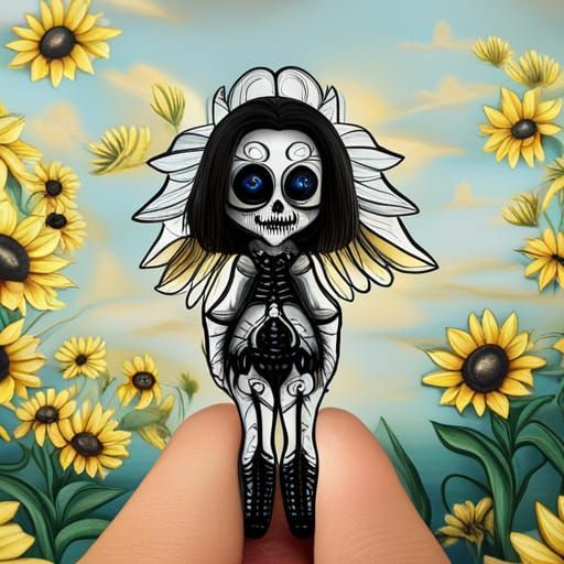 Chibi Sunflower Bee Skeleton in Surreal Style