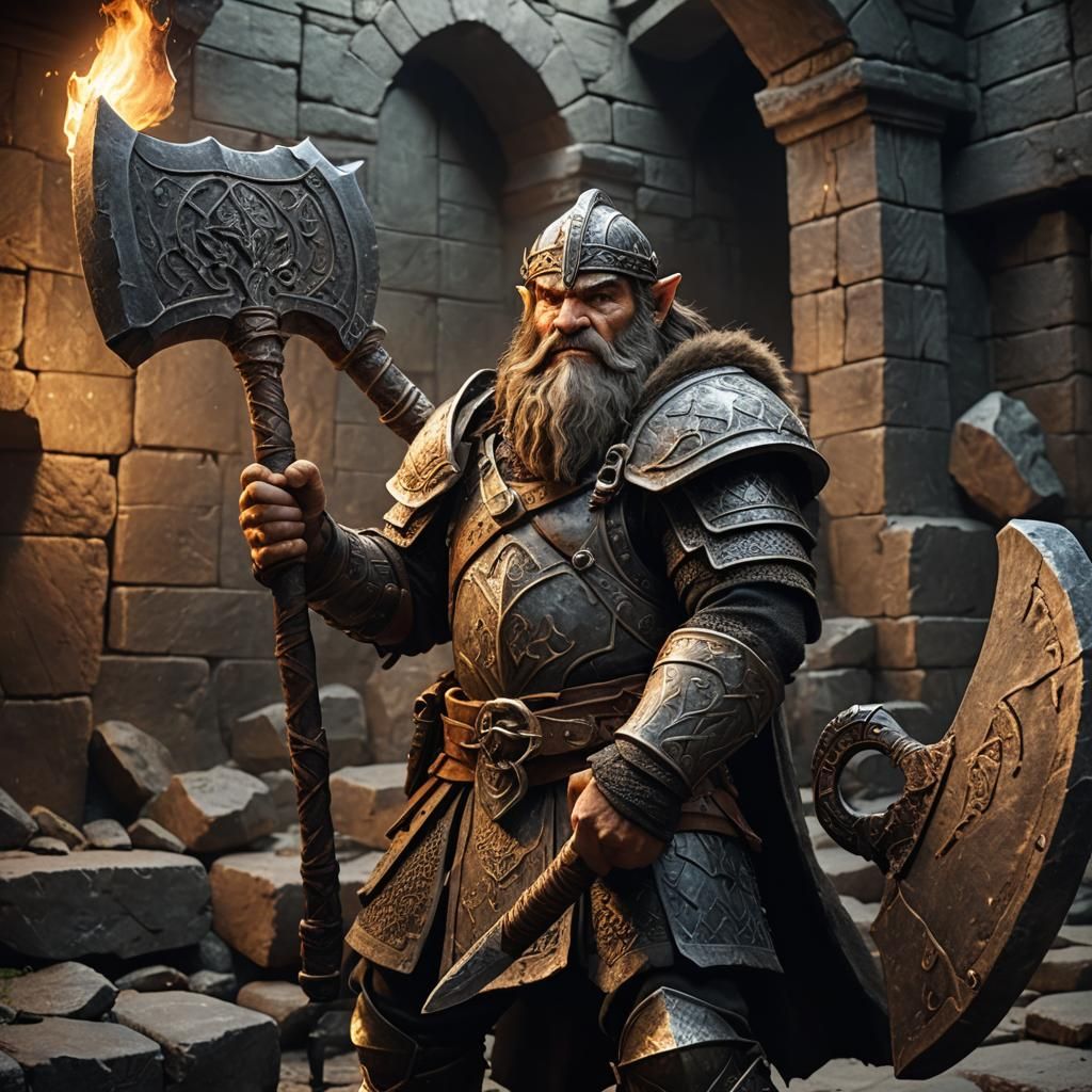 Dwarven Warrior with Axe in Dimly Lit Cavern