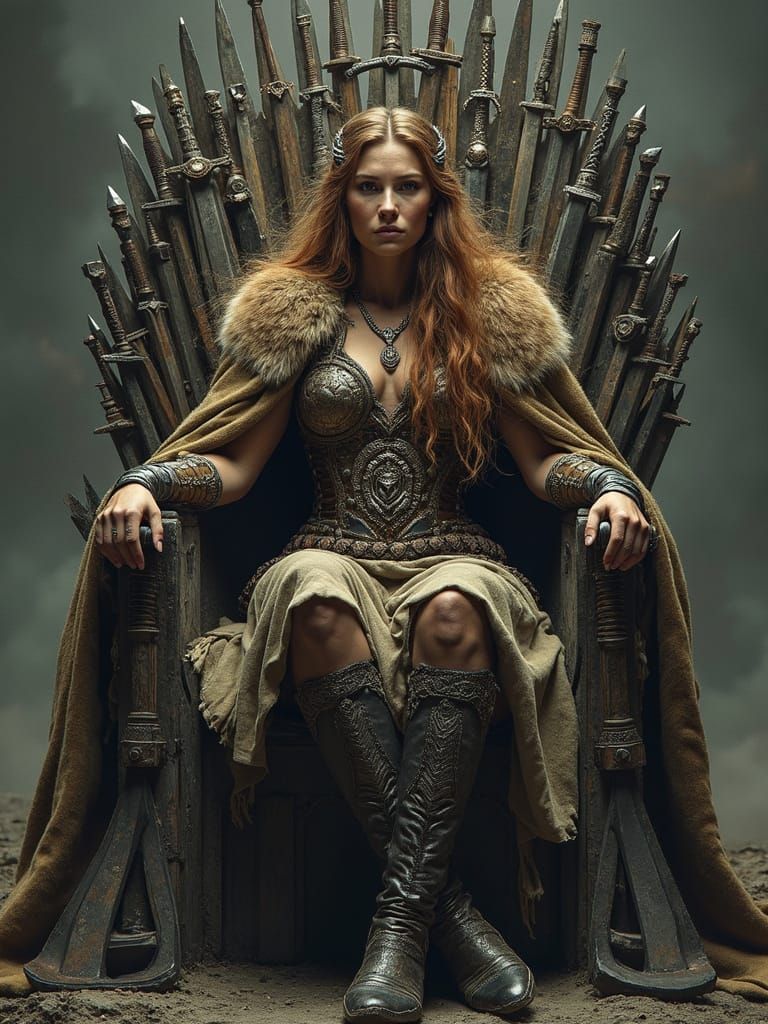 Warrior Queen Seated on Throne of Swords