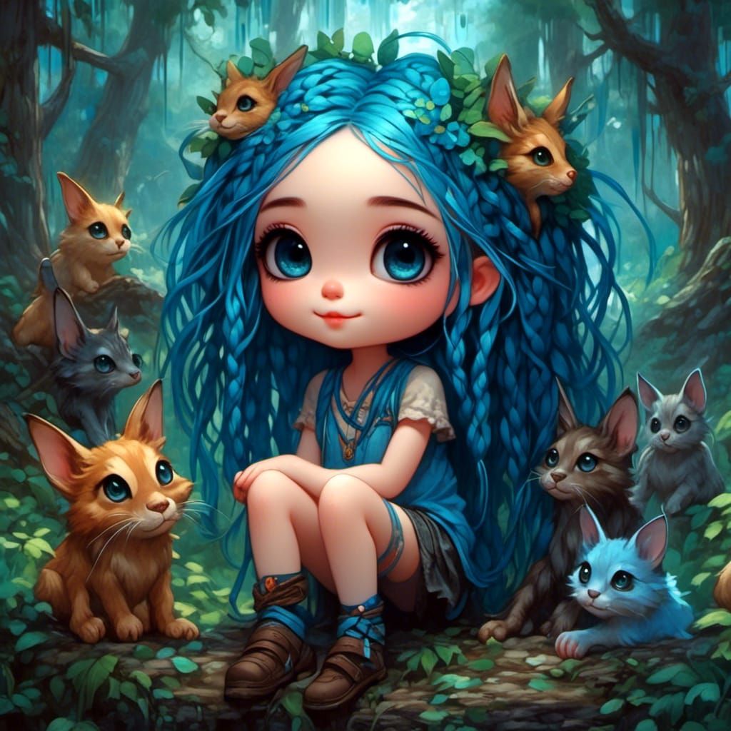 Blue Dreads in Magical Forest, Fantasy Art