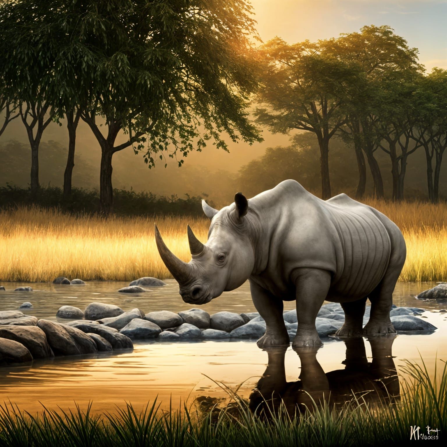 Detailed Rhinoceros at Watering Hole, Hyperrealistic Renderi...
