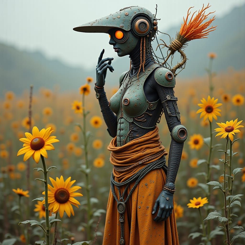 Cyborg Female Farmer in a Dystopian Landscape