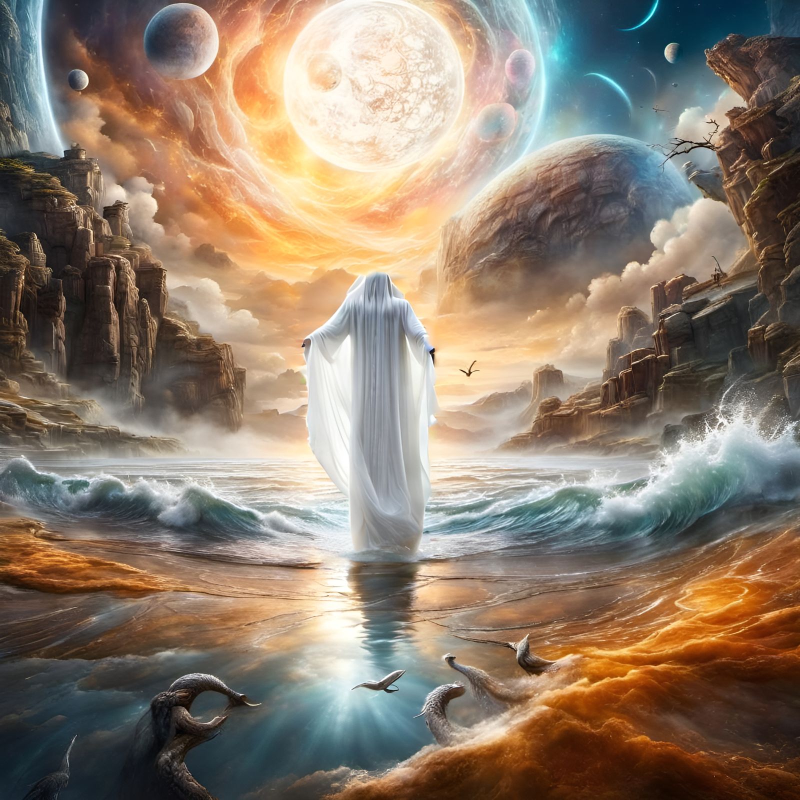 Ethereal Female Ghost Ascending Towards Sunlight