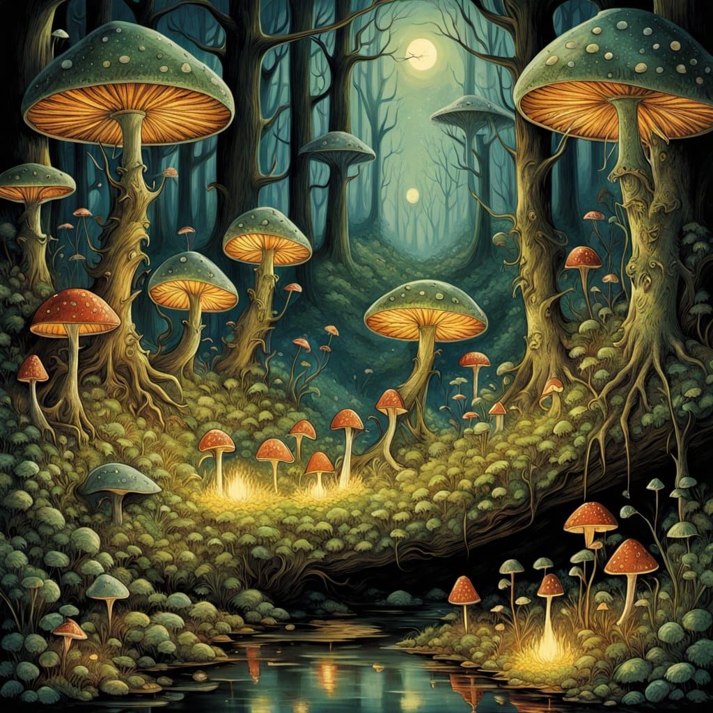 Whimsical Forest Scene in Dreamlike Storybook Style
