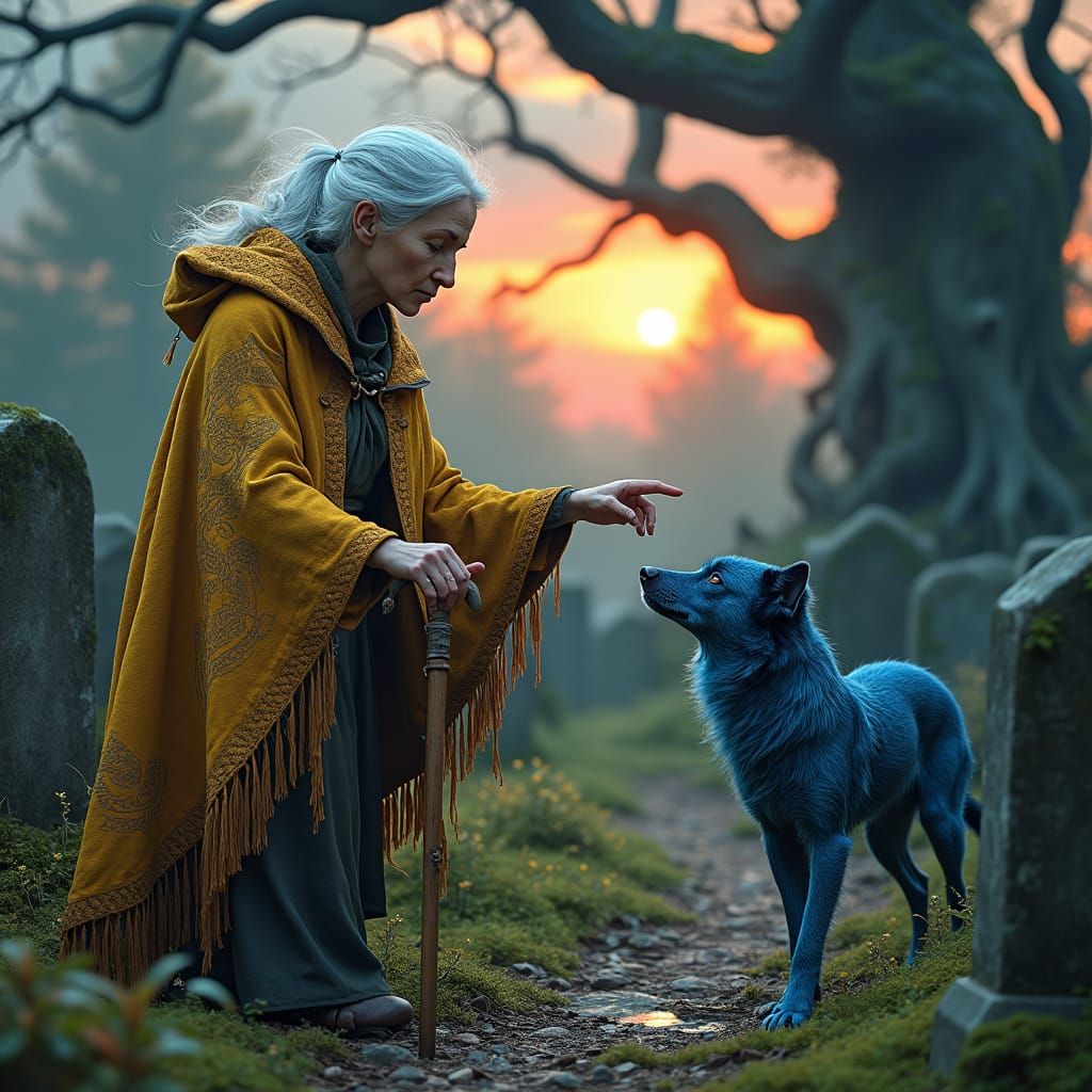 Mystical Graveyard Scene with Woman and Spectral Dog