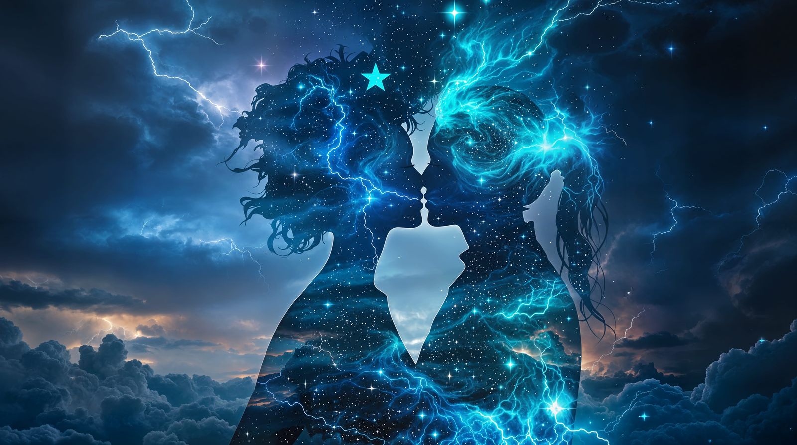 Ethereal Cosmic Kiss Amidst a Bioluminescent Storm