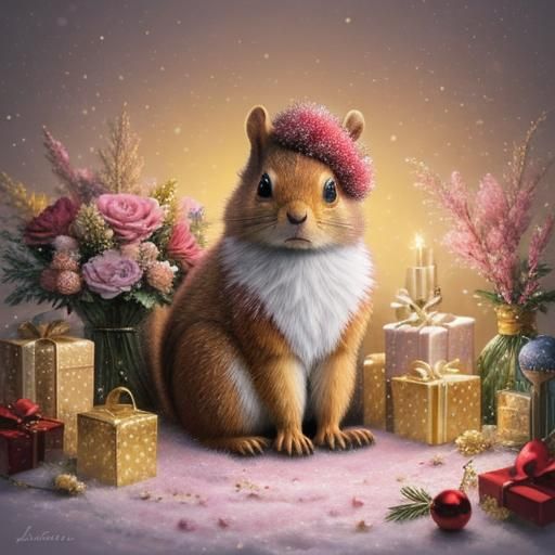 Teddy Squirrel in Santa Suit, Hyperrealistic Digital Art