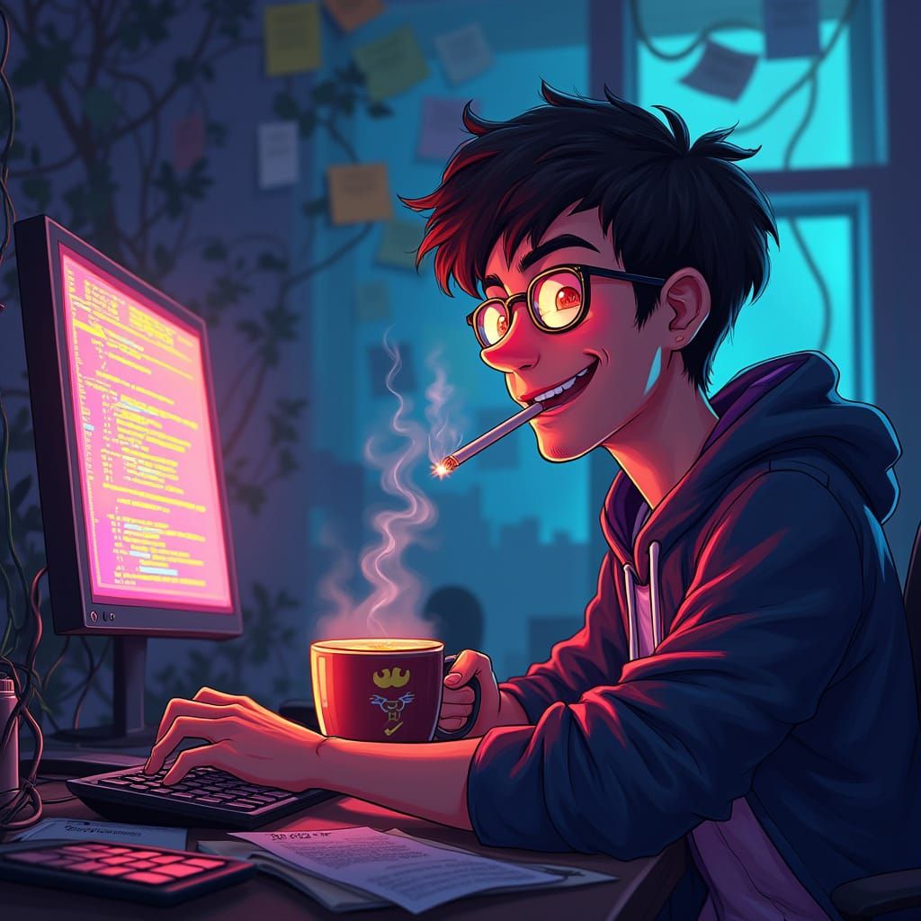 Creative Programmer in Cozy Home Office Amidst Whirlwind of ...