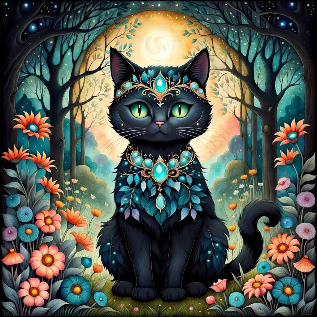 Dreamlike Cat in Garden: Surrealist Drawing