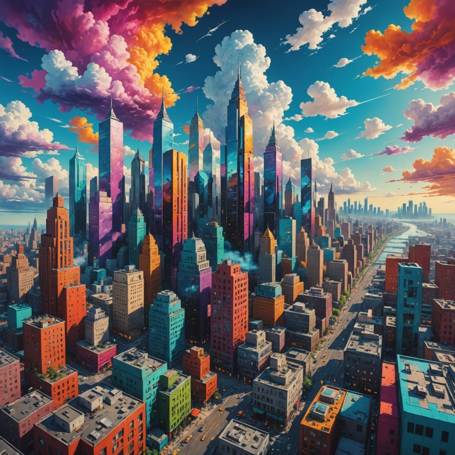 Colorful Futuristic Cloud Cityscape in Hypersurreal Style