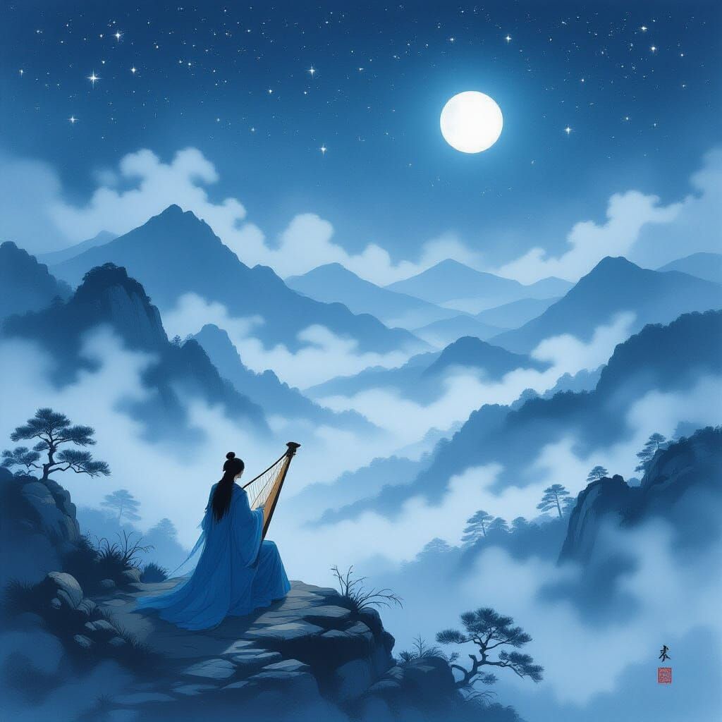 Misty Highlands with King Arthur's Harp: Yamato-e Style