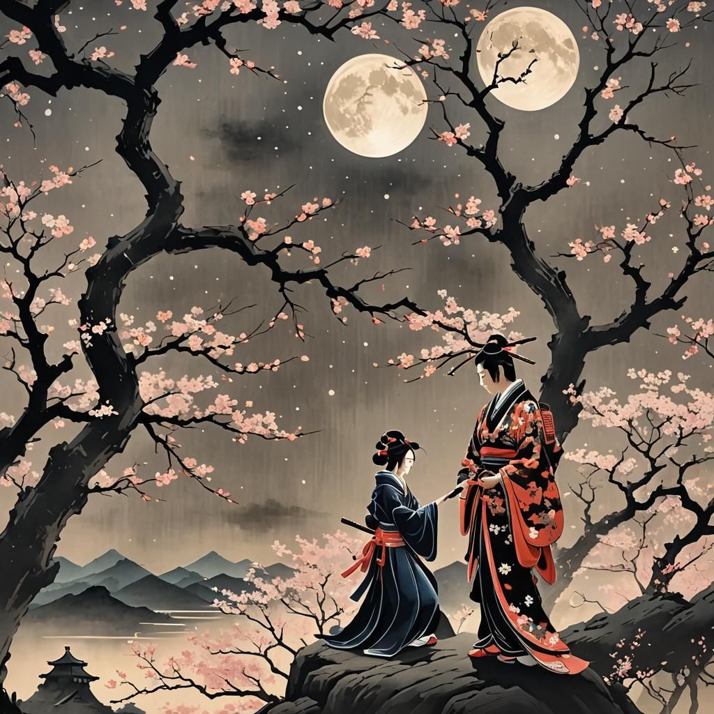Moonlit Samurai and Geisha Under Cherry Blossoms