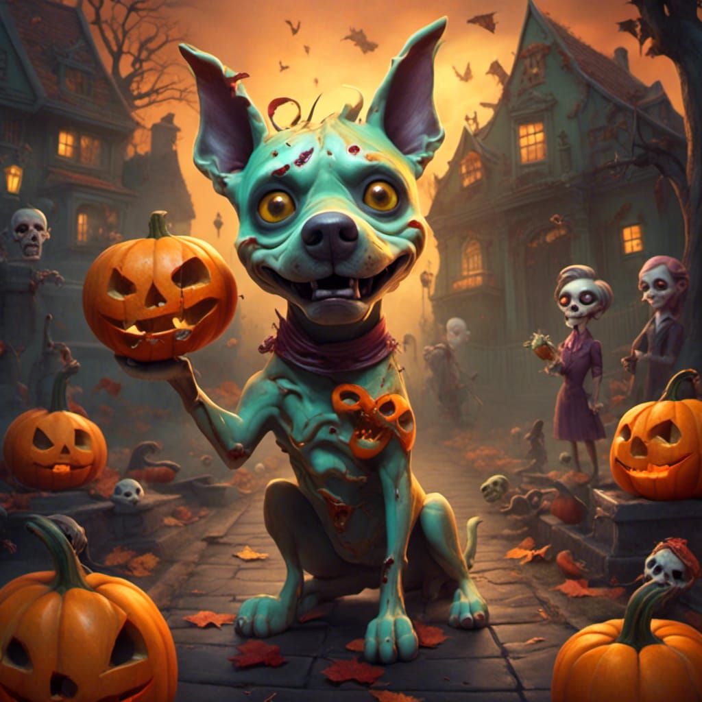 Zombie Pumpkin Dog in Pop Surrealist Style