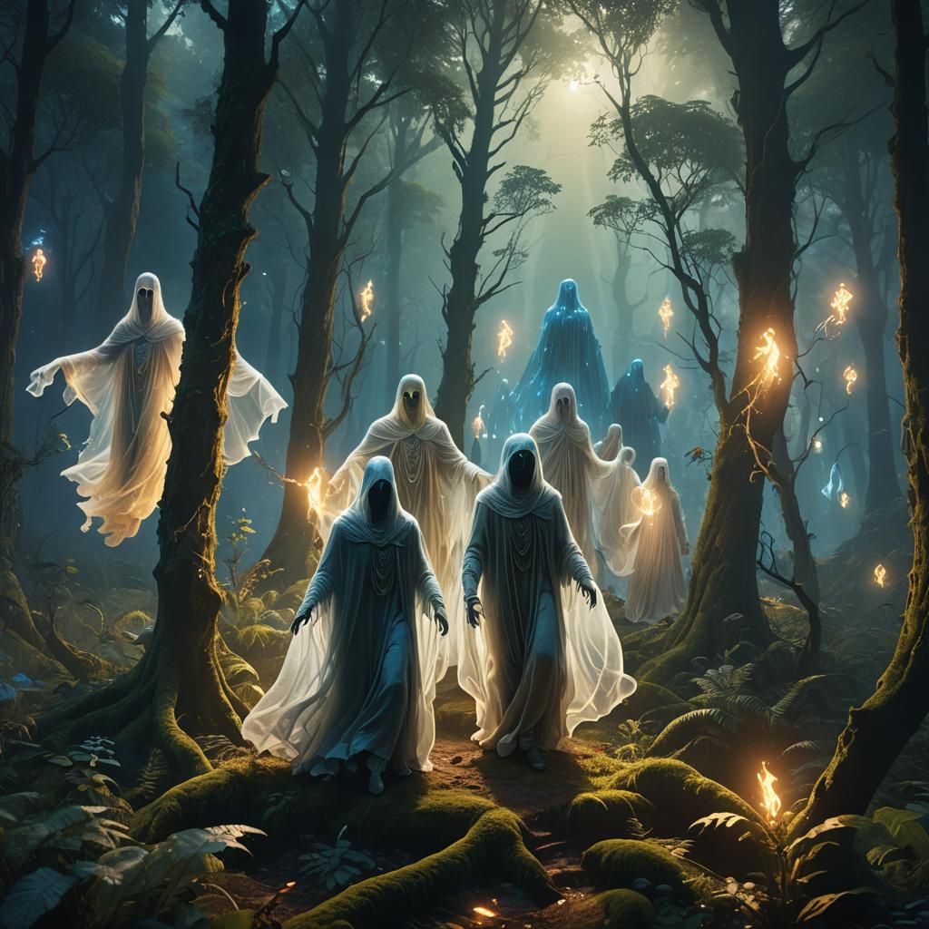 Ethereal Figures Hover in Lush Forest: Fantasy Art