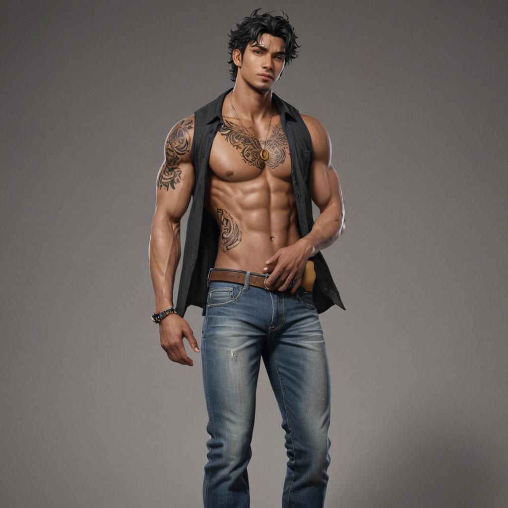 Muscular Man with Ethnic Tattoo: 3D Anime Art