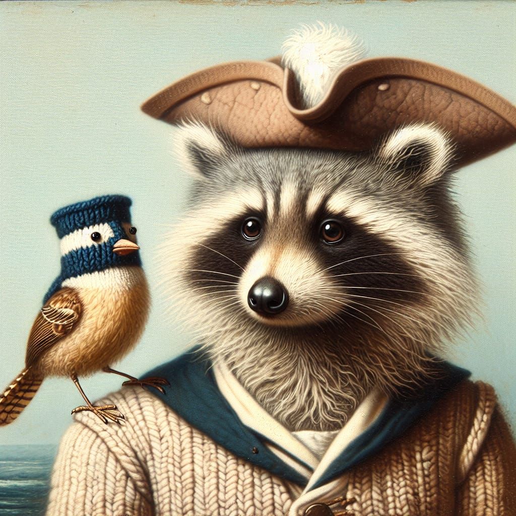 Pirate raccoon with bird in disguise.