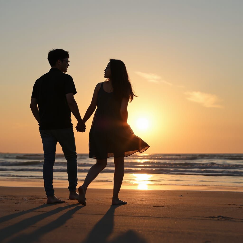Barefoot Korean Lovers Walk Sunset Beach