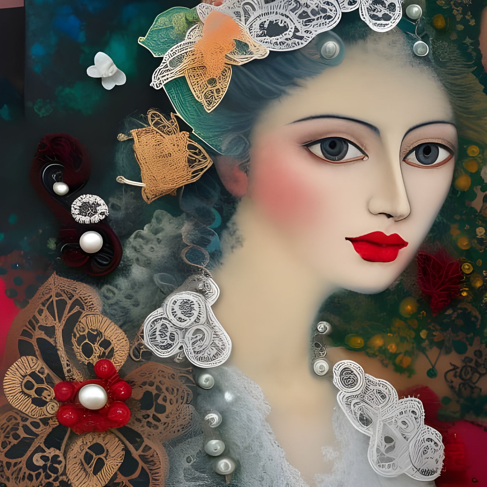 Mixed Media Collage with Lace and Pearls