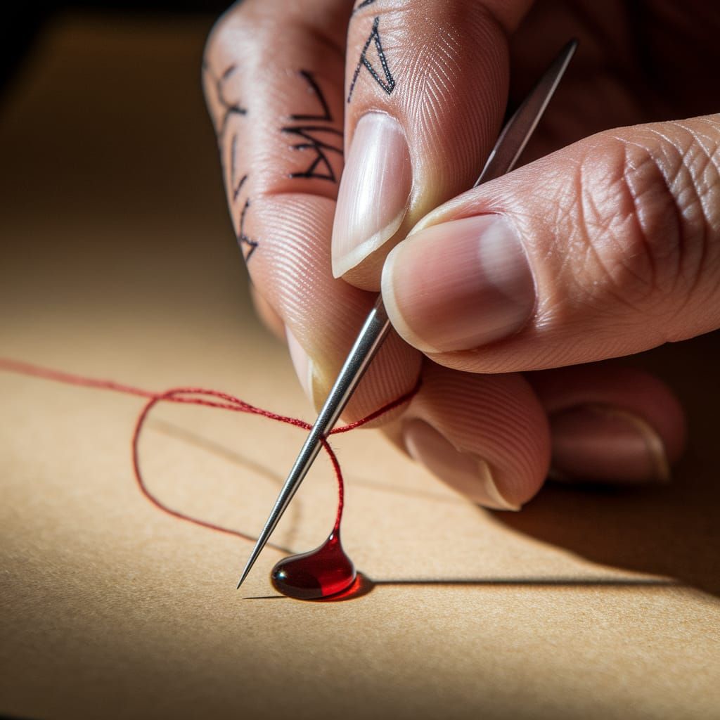 Macro Photograph of Rune-Adorned Fingers Weaving Fate