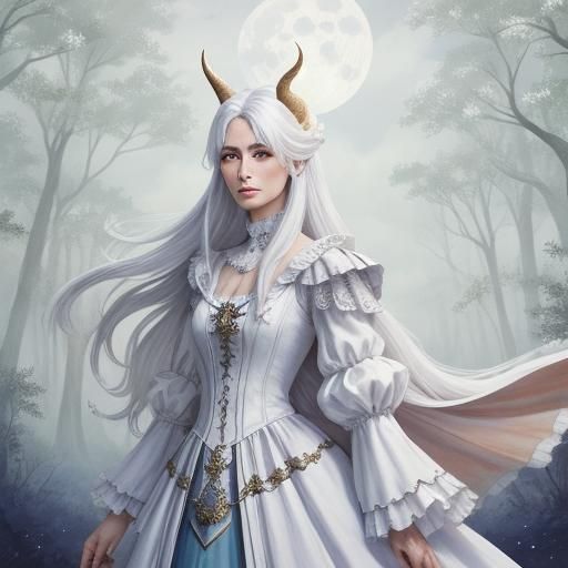 Woman Rides White Horse with Dragon in Forest