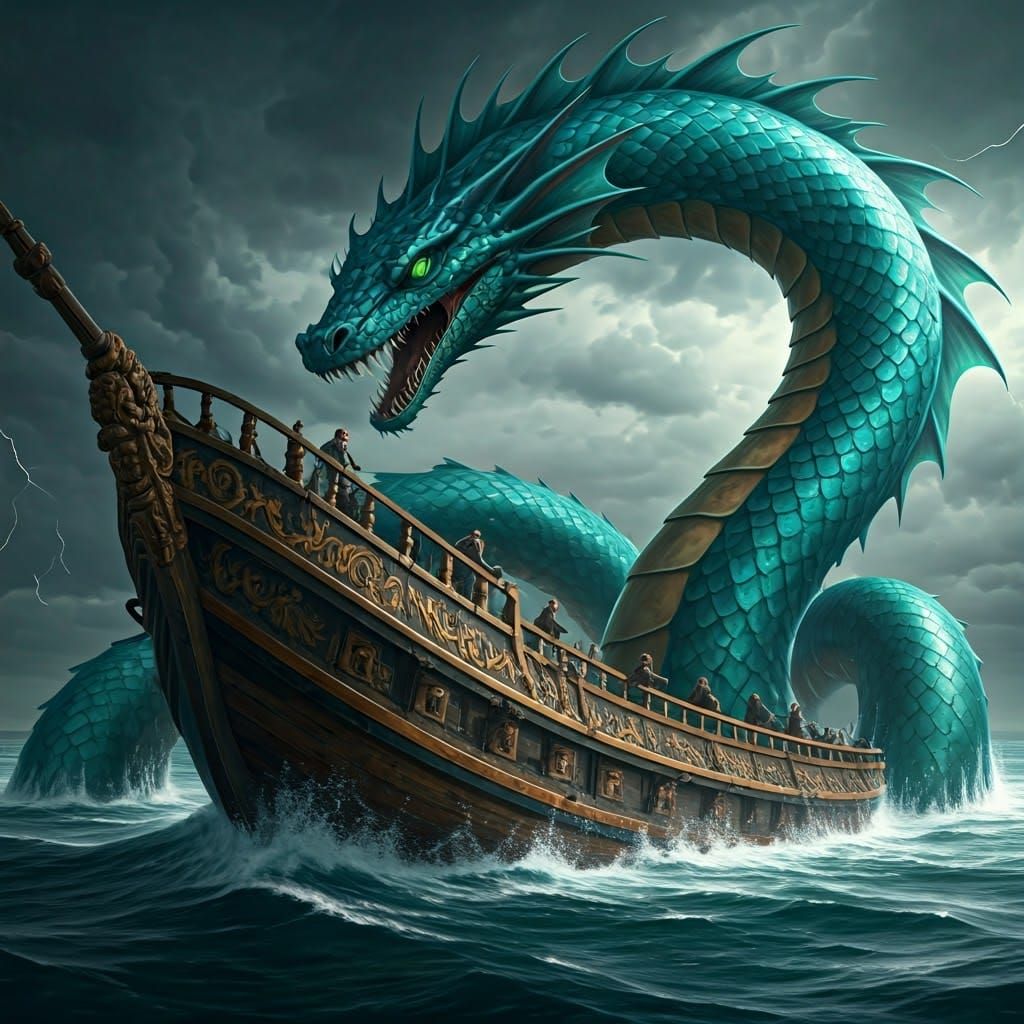 Sea Serpent Attacks Galleon in Stormy Ocean