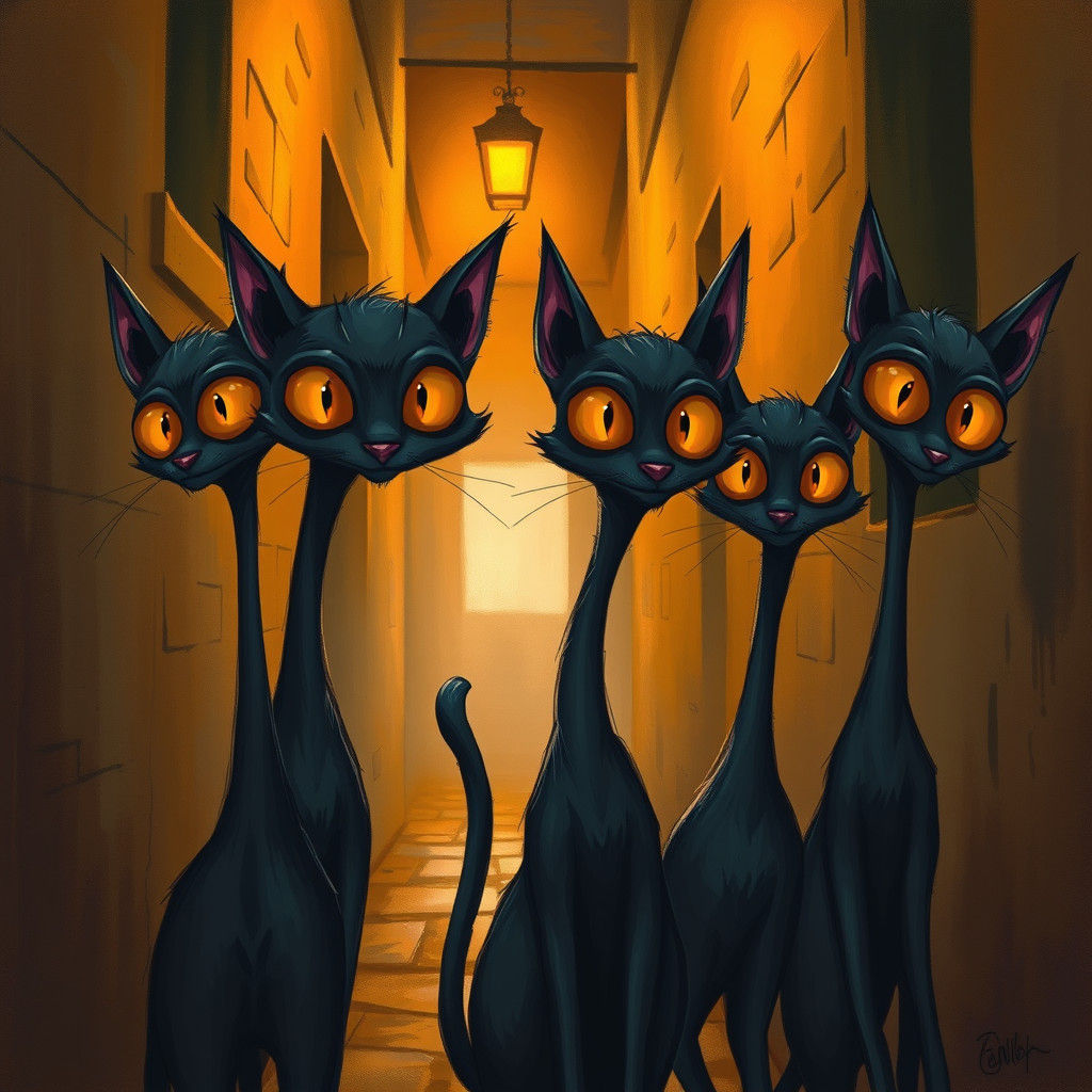 Long-Necked Cartoon Cats in Dim Alleyway
