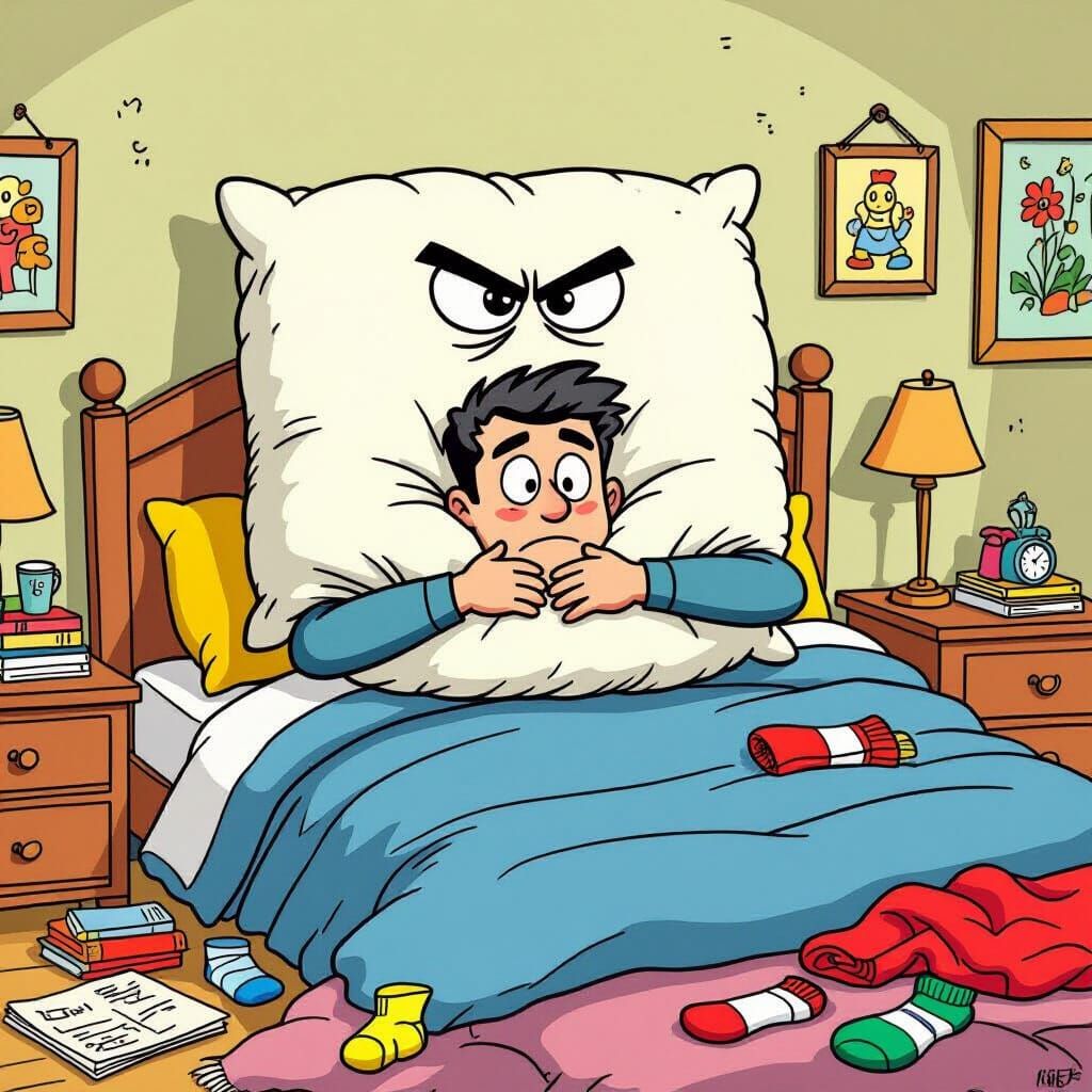 Man Hugs Stern Pillow in Cartoon Bedroom