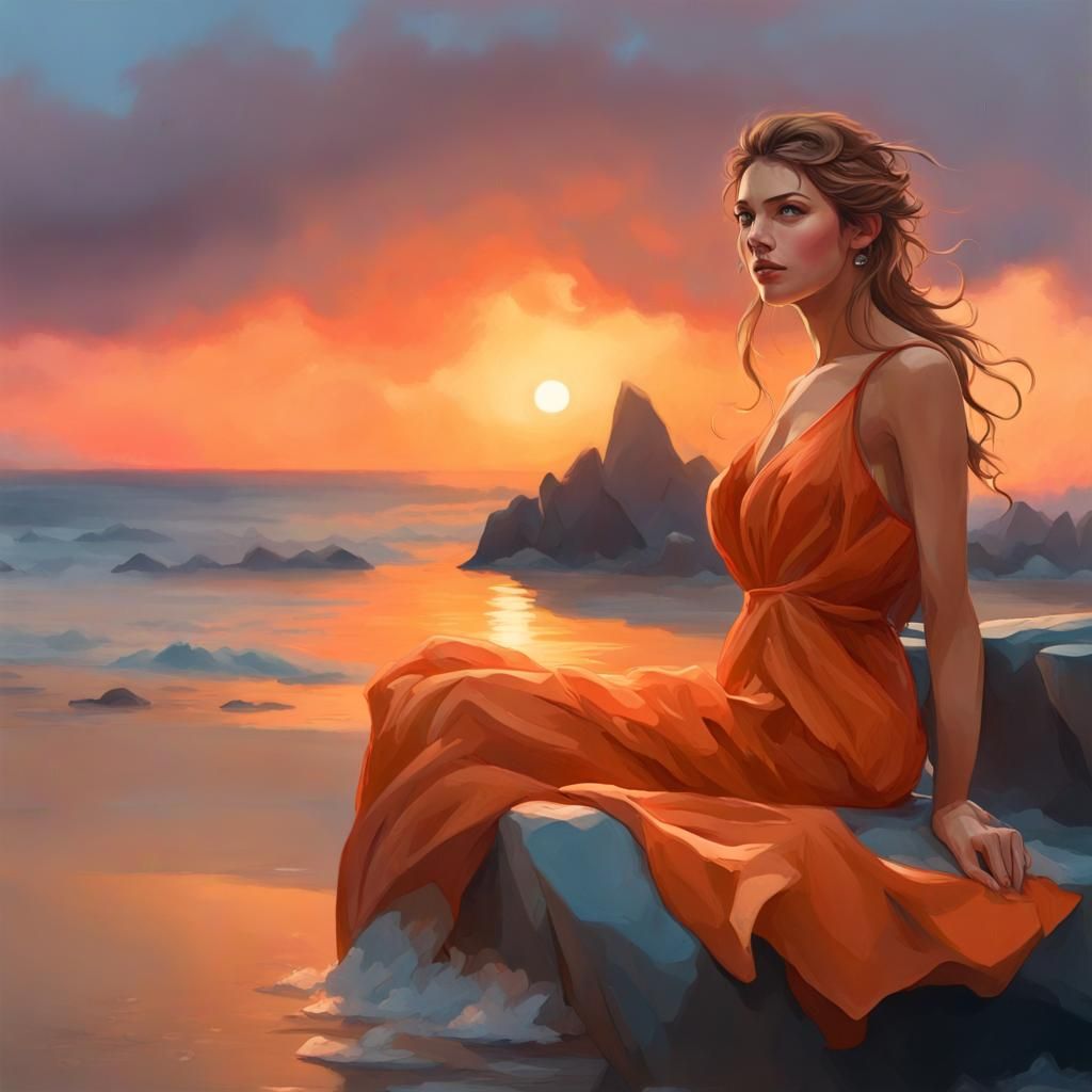 Orange Beach Sunset Portrait in Hyperdetailed Style
