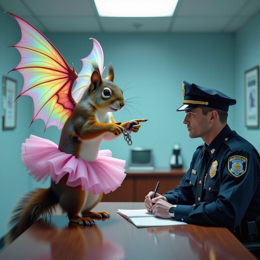 Surreal Squirrel with Dragon Wings in Police Station