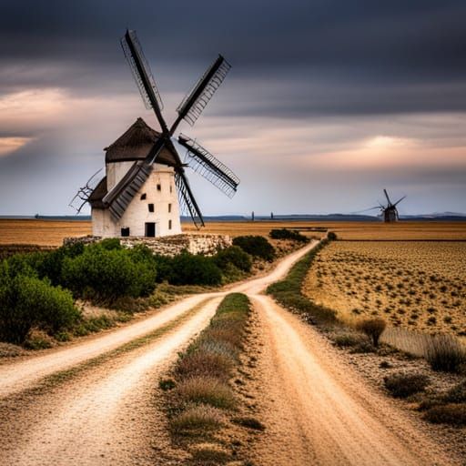 Don Quixote and Windmills in Studio Ghibli Style