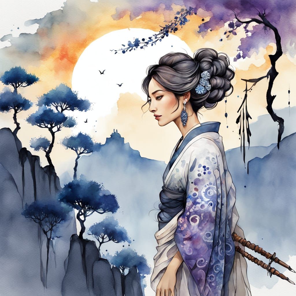 Woman With Abstract Architecture Hair in Watercolor Style