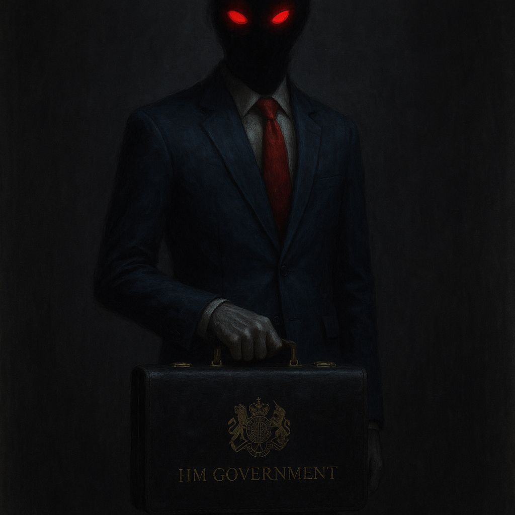 Ominous Figure in Blue Suit with Red Eyes