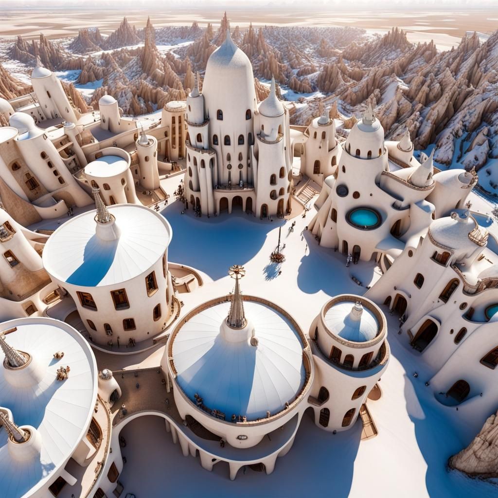 Gaudi-Style Steampunk City in White Desert
