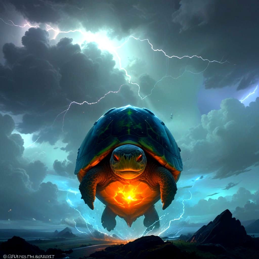 Electric Turtle Soars Across Stormy Skies