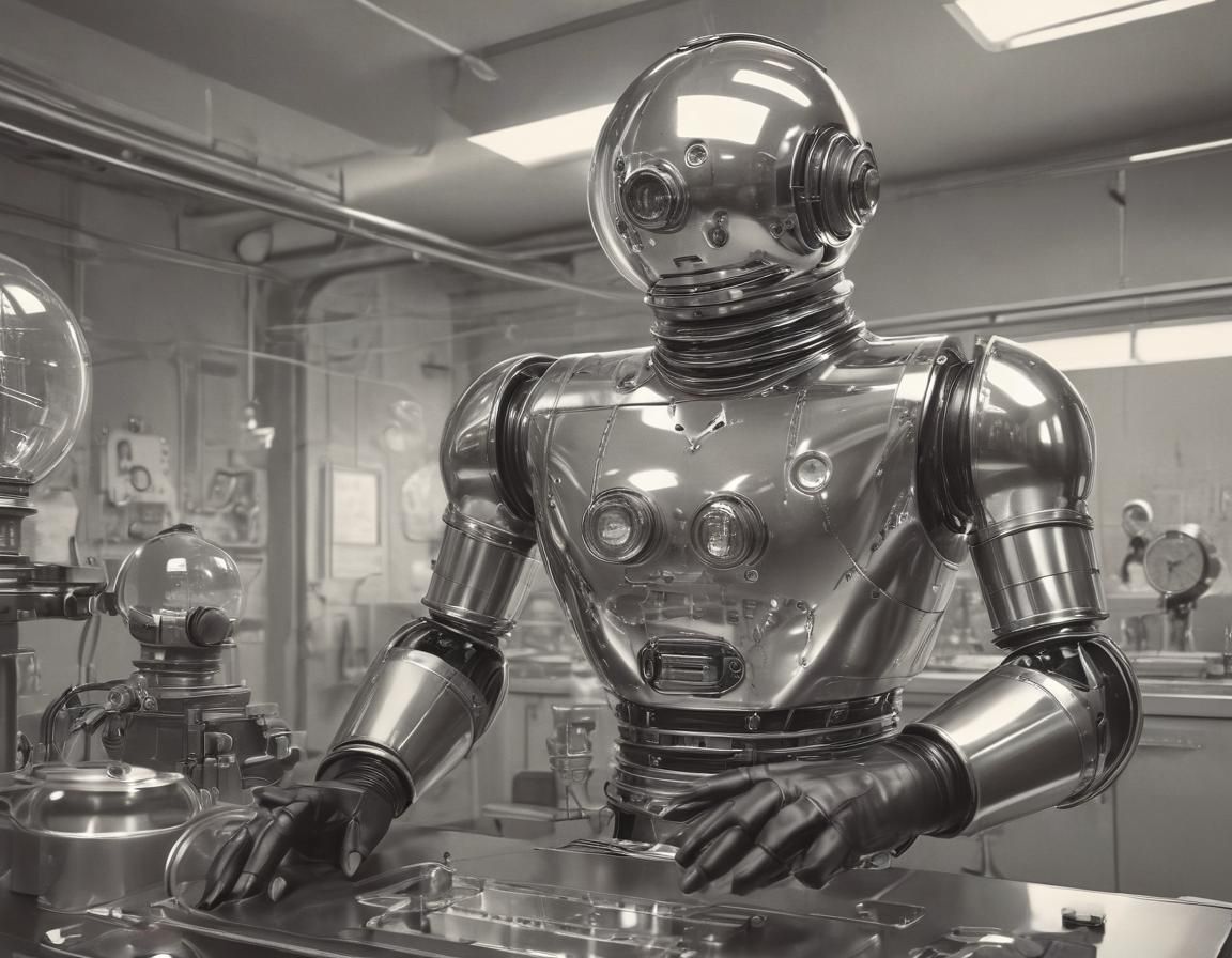 1950s robot with (clear spherical glass head:1.3) showing ci...