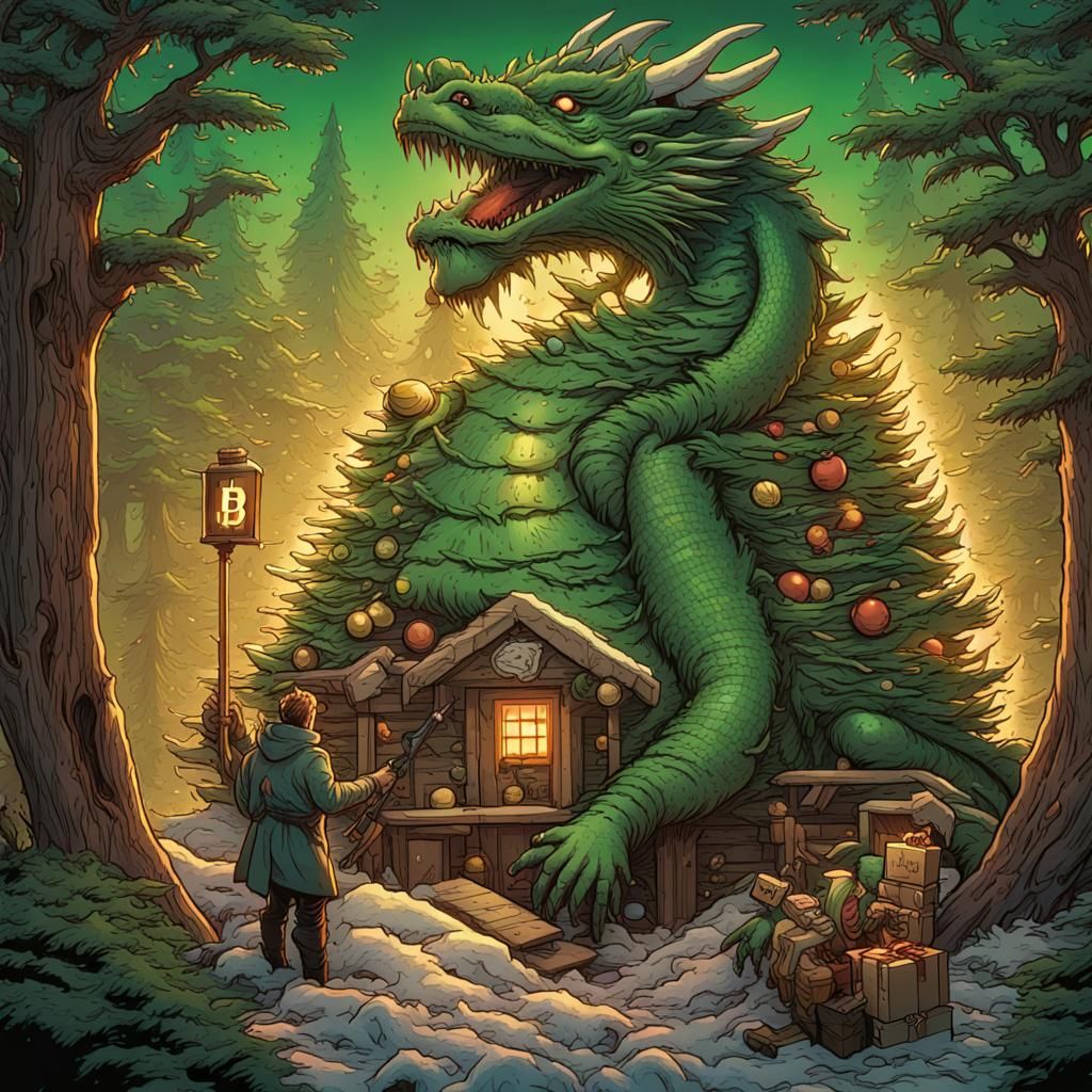 Christmas Tree, Bitcoin, and Dragon in Comic Art
