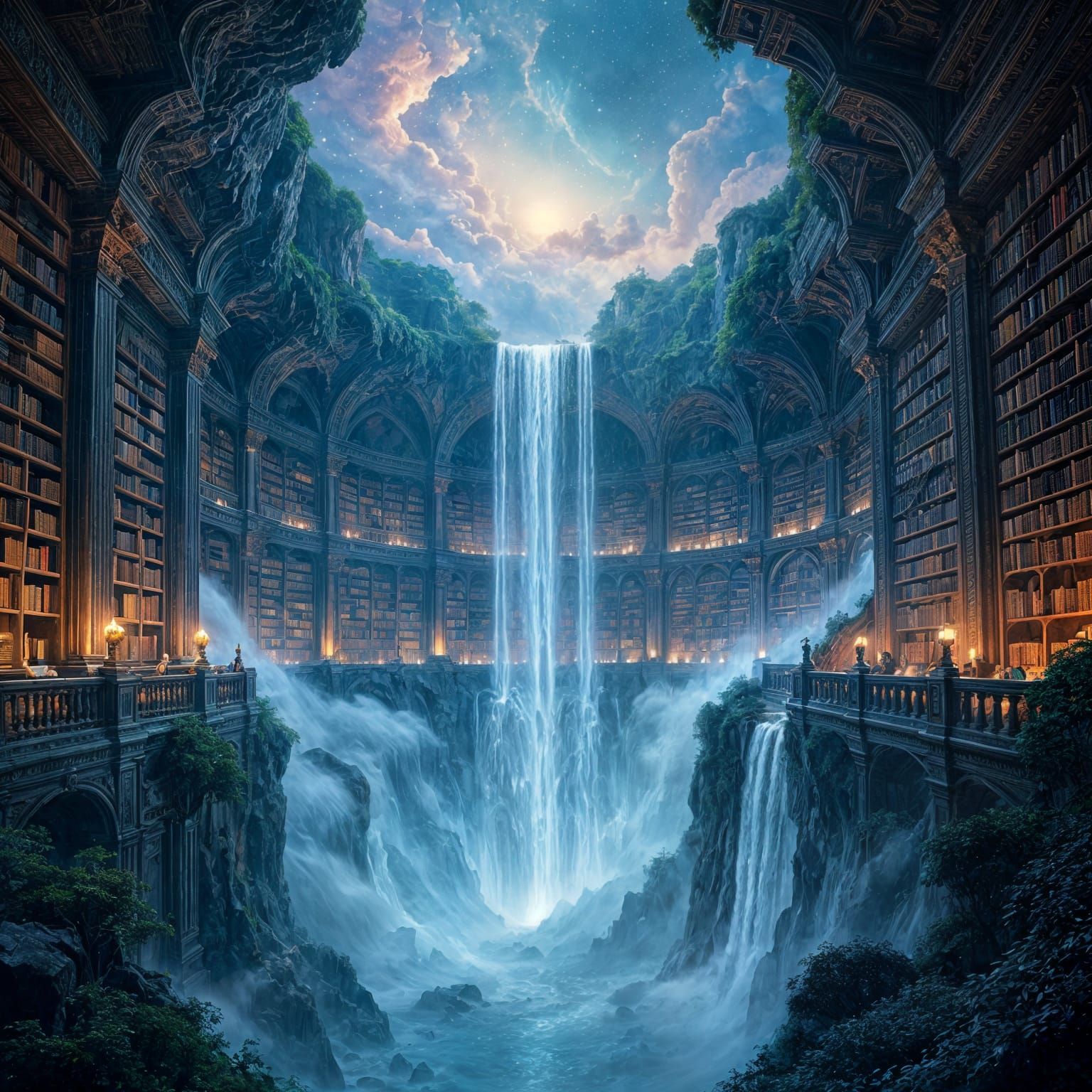 Ancient Floating Island Library Amidst Nebula