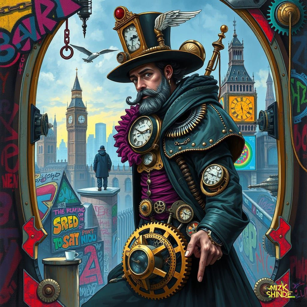 Steampunk Time Traveler in Graffiti Art Portals