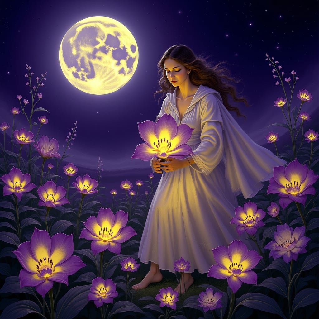 Celestial Gardener Nurturing Bioluminescent Flora in Art Nou...