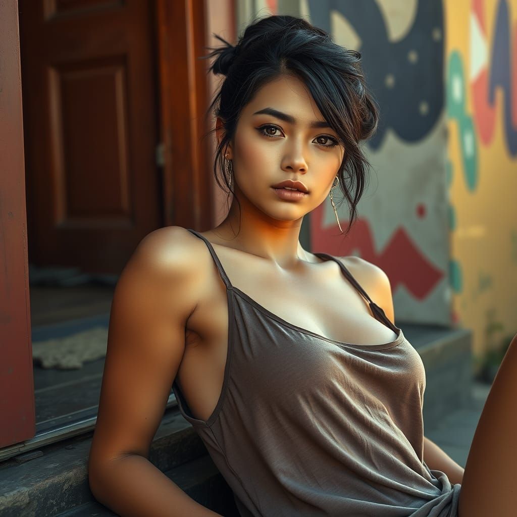 hermosa mujer morena joven sentada en la puerta de su humild...