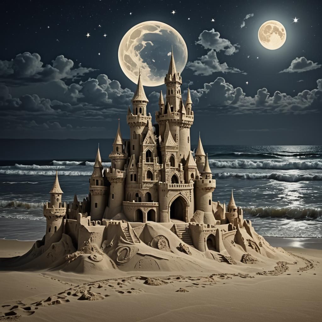 Ornate Sand Castle Under Moonlight on Beach