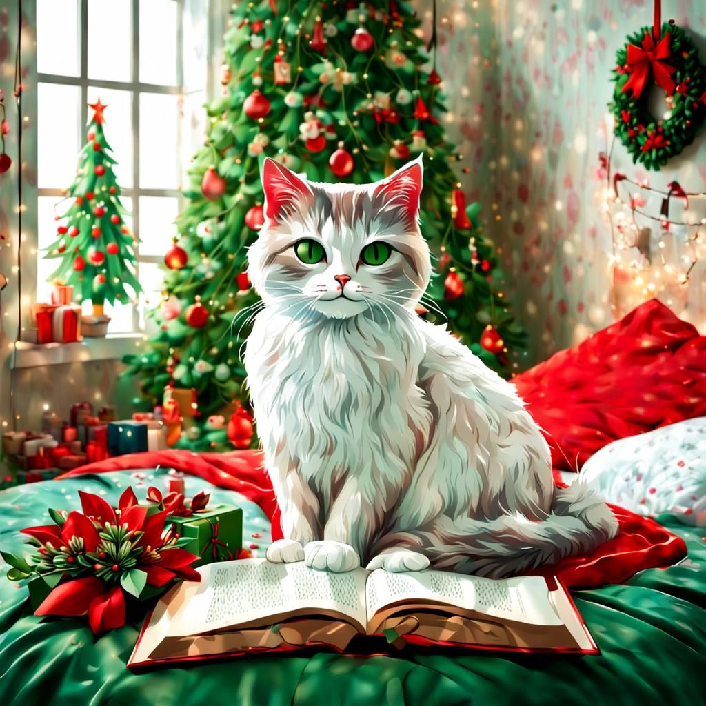 Christmas Landscape with Woman, Cat and Decorations