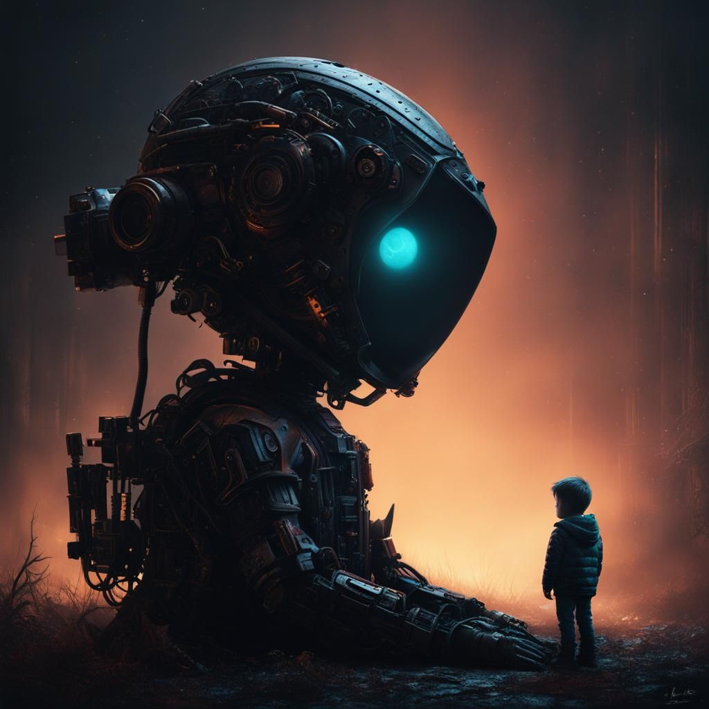 Boy in Dark Neon Mecha World as Photorealistic Acrylic