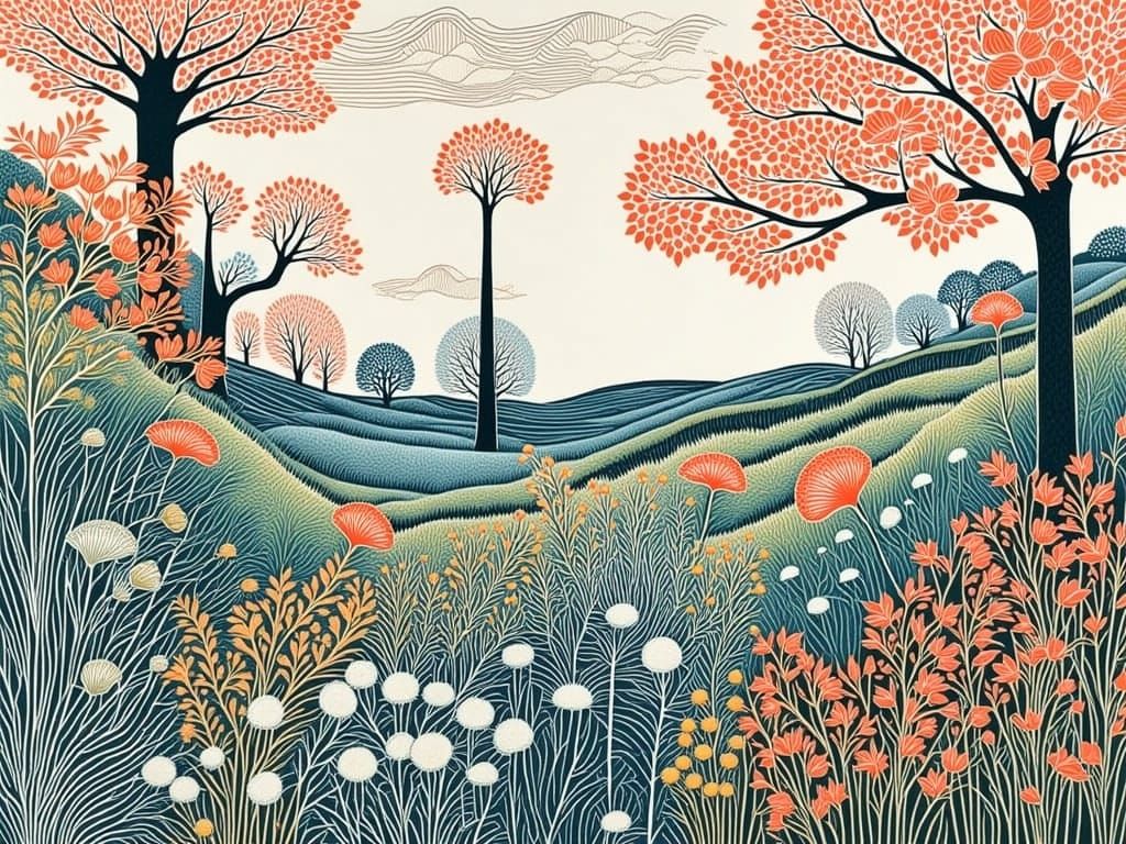 Whimsical Early Spring Scene in Intricate Linocut Style
