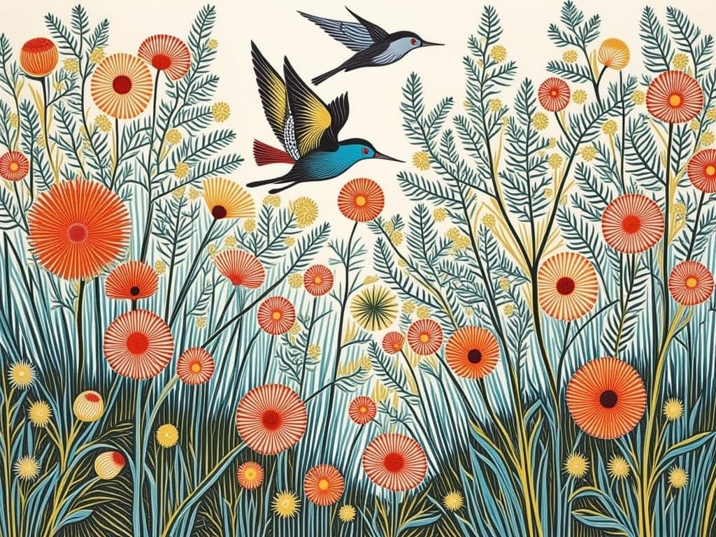 Vibrant Spring Scene in Intricate Linocut Style