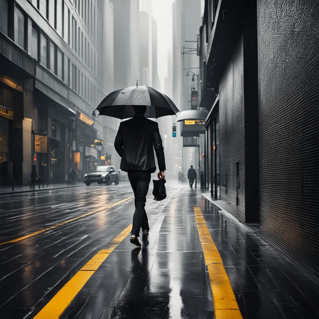 Minimalist Pop Street Scene of a Man in Rain and Sun